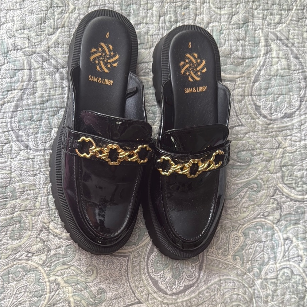Sam & Libby Black Mules with Gold Accent